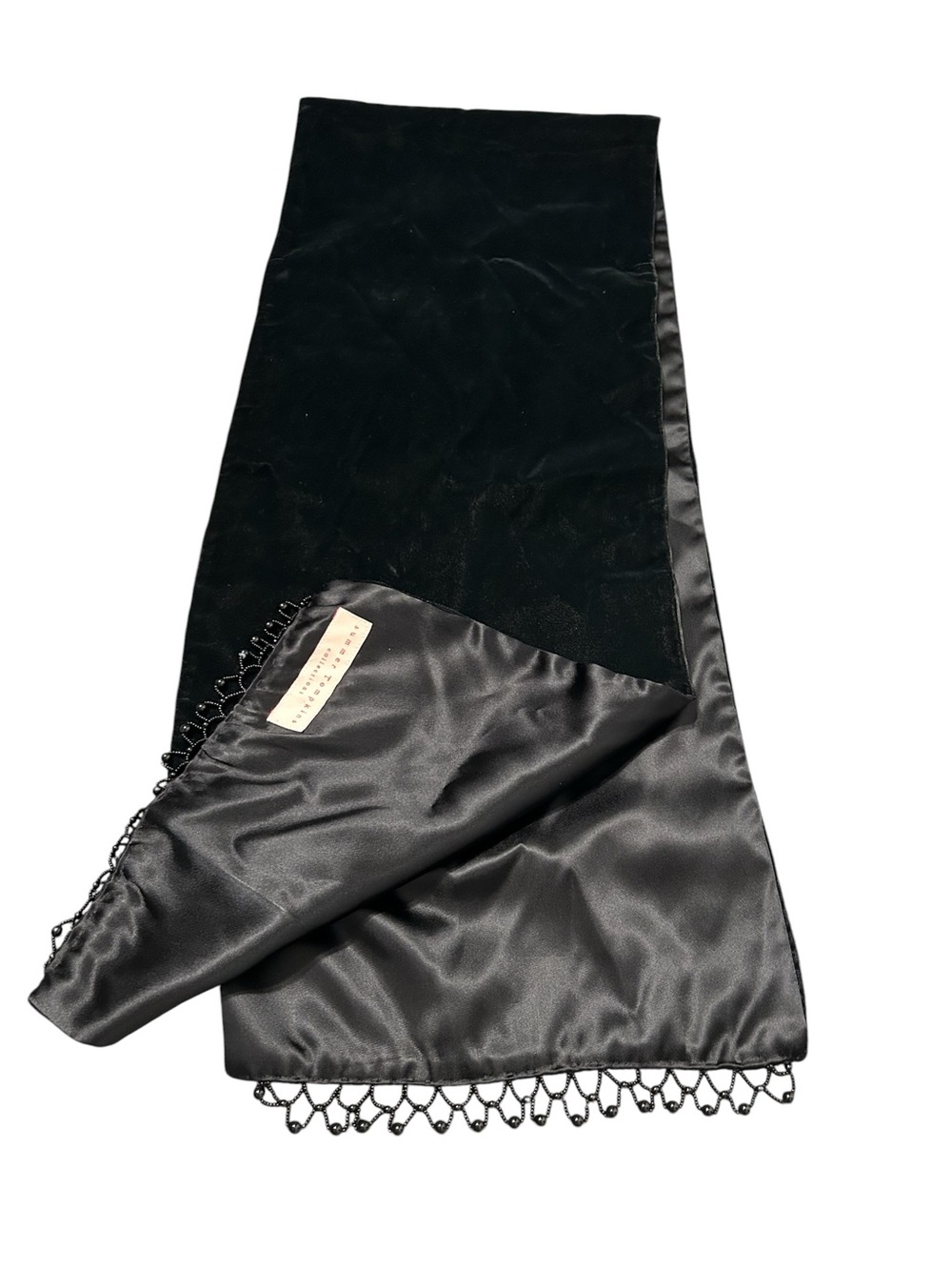 VTG Summer Tompkins Scarf Black Velvet Satin Lining Beaded Fringe Evening Out